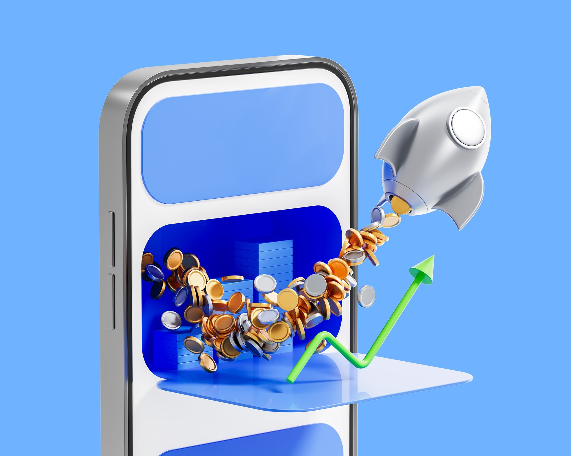 Rocket launching from smartphone with coins and upward arrow symbolizing financial growth, investment success, and digital currency boost. 3D Rendering Rocket launching from smartphone with coins and upward arrow symbolizing financial growth, investment success, and digital currency boost. 3D Rendering